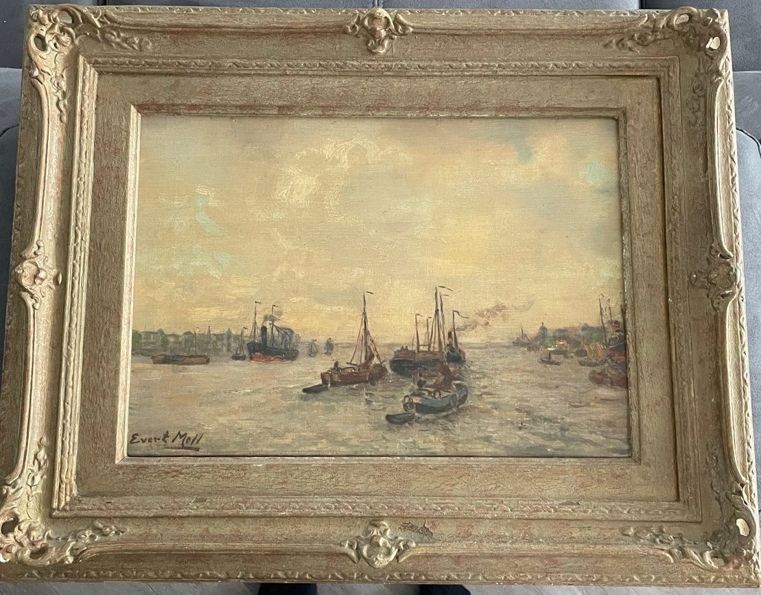 Olieverfschilderij van Evert Moll - Havenzicht, Ophalen of Verzenden