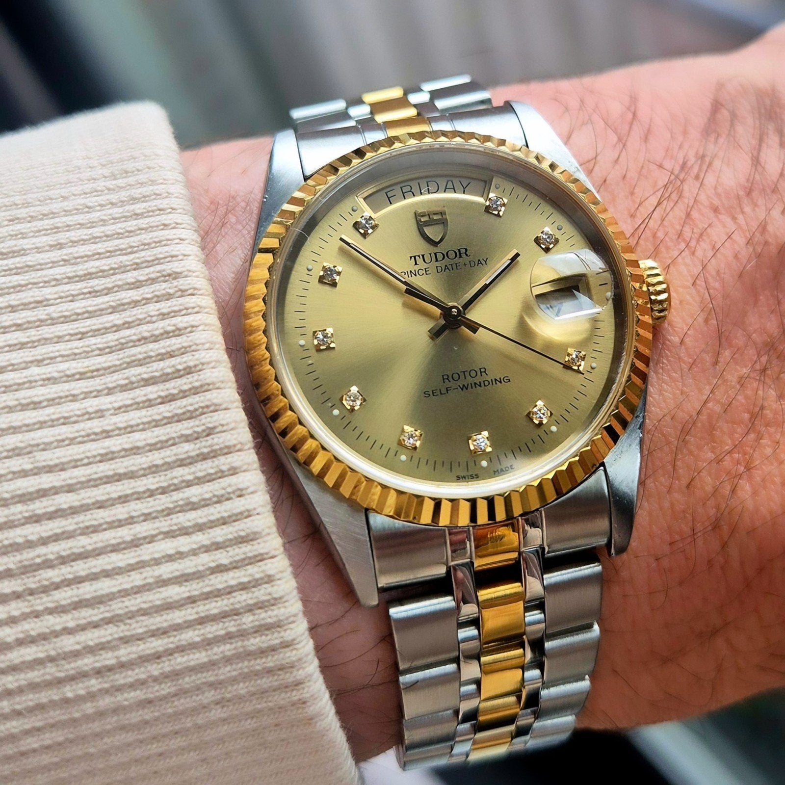 Tudor daydate horloge automaat diamanten met papieren 2017, Overige merken, Ophalen of Verzenden, Zo goed als nieuw, Goud