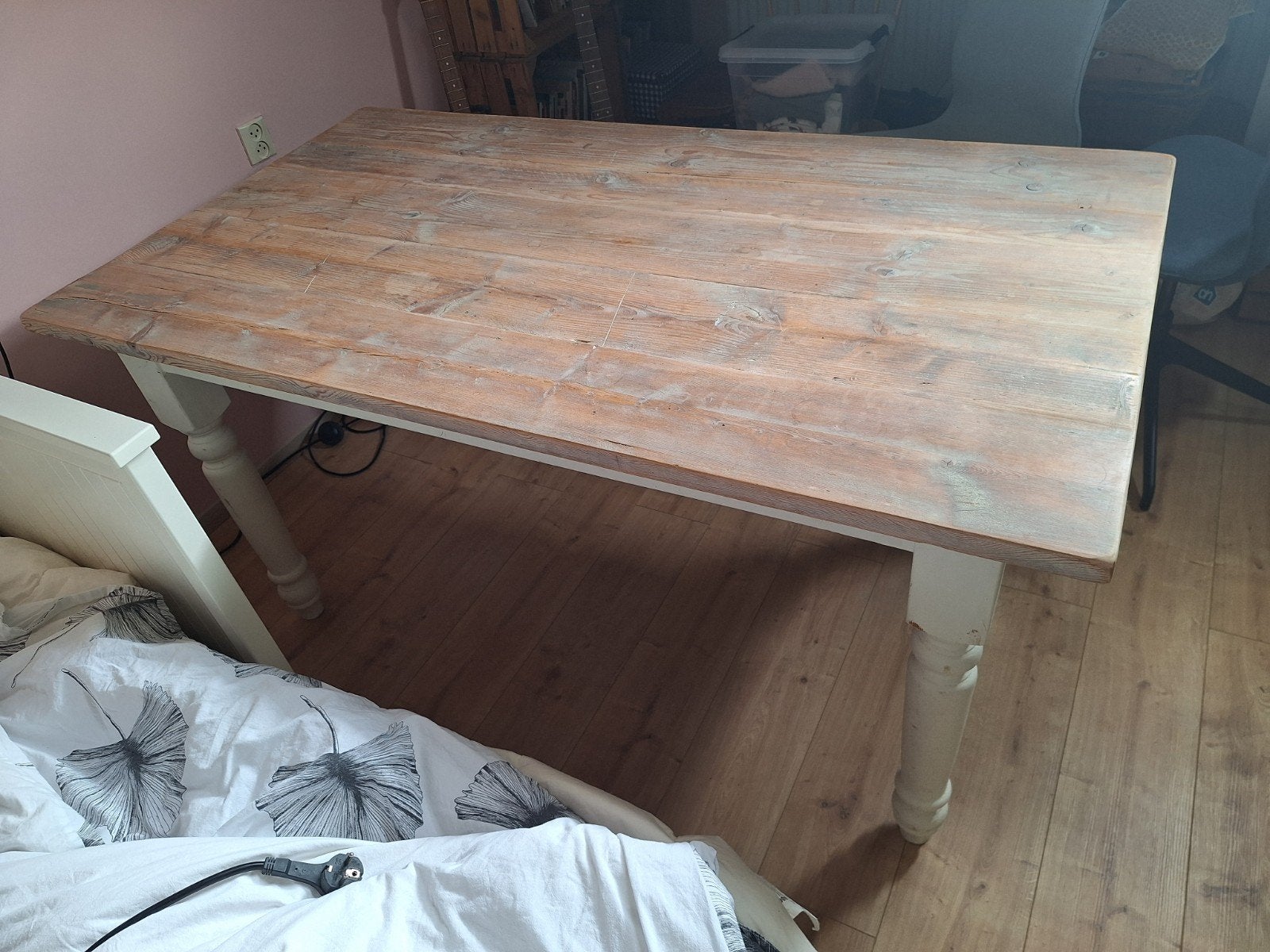 Landelijke eettafel massief hout met wit onderstel, Ophalen, Landelijk, Rustiek, 50 tot 100 cm, Zo goed als nieuw