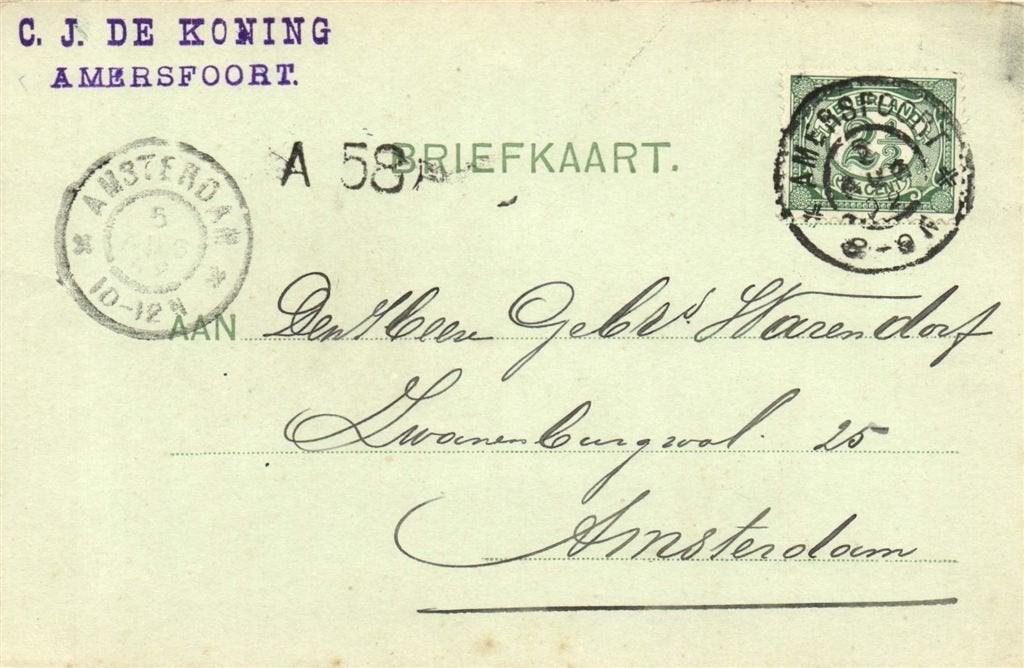 C.J. de Koning, Amersfoort - 08.1902 - briefkaart, Postzegels en Munten, Brieven en Enveloppen | Nederland, Ophalen of Verzenden