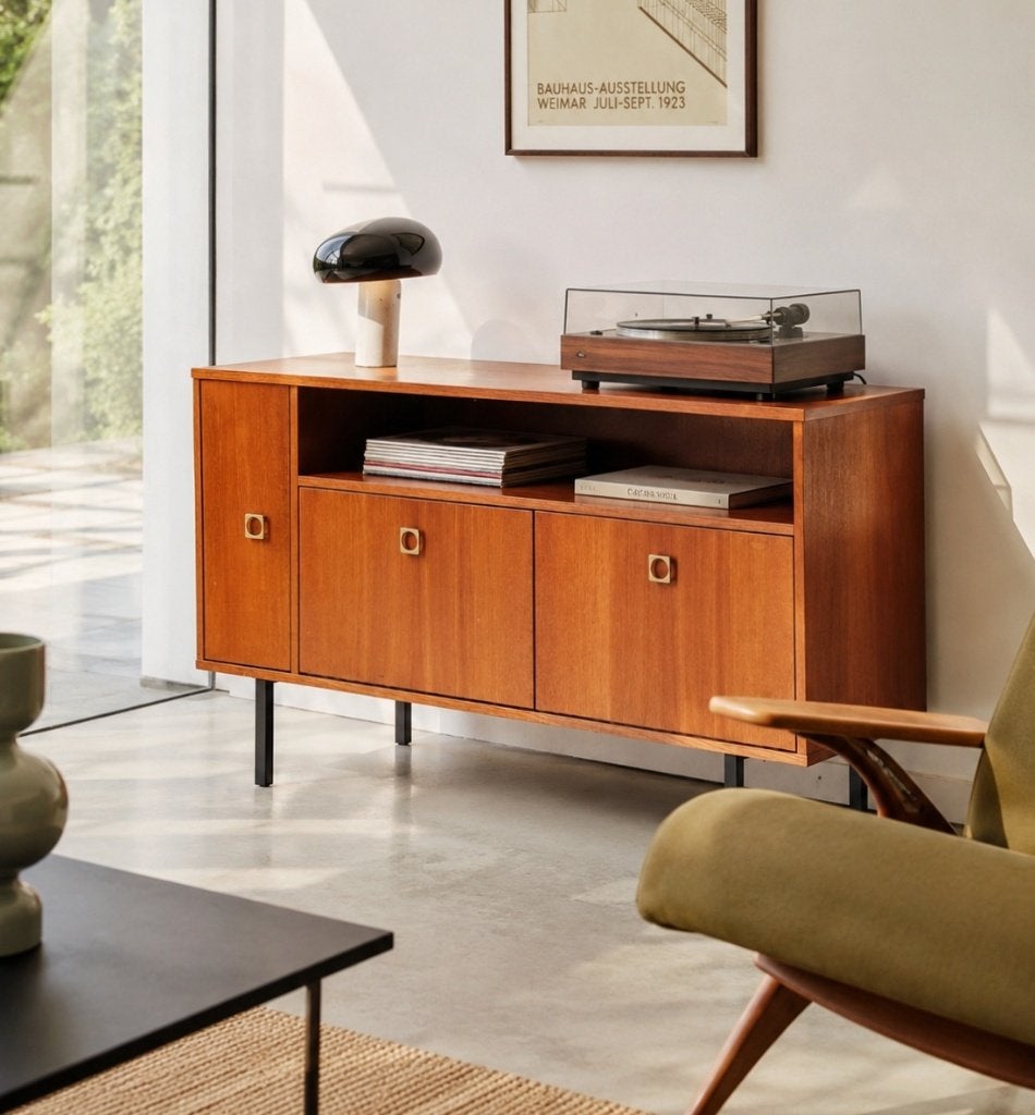 Prachtig vintage platenkast / audiomeubel, Huis en Inrichting, Kasten | Dressoirs, Ophalen, 100 tot 150 cm, Teakhout, Zo goed als nieuw
