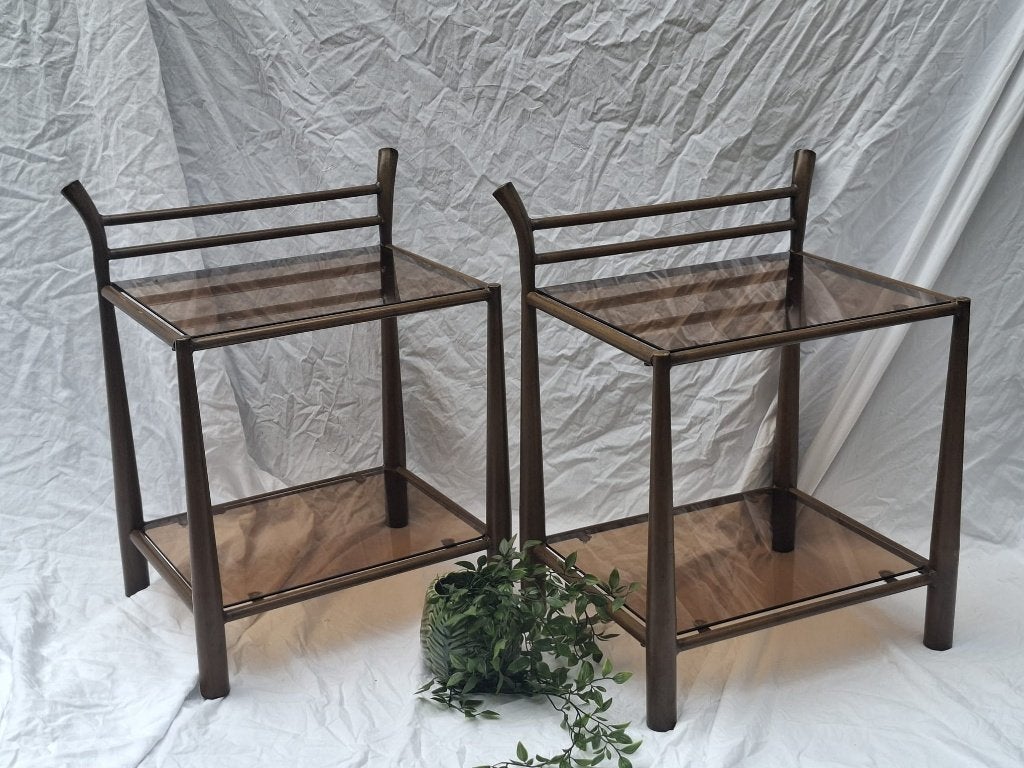Set vintage Hollywood Regency bijzettafels/nachtkastjes, Ophalen, Minder dan 55 cm, Gebruikt, Metaal of Aluminium