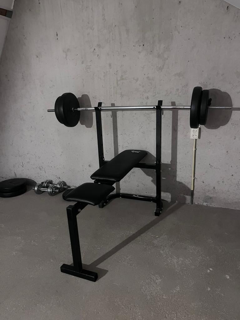 80kg bankdruk set met dumbells en extra’s, Sport en Fitness, Ophalen, Gebruikt, Krachtstation