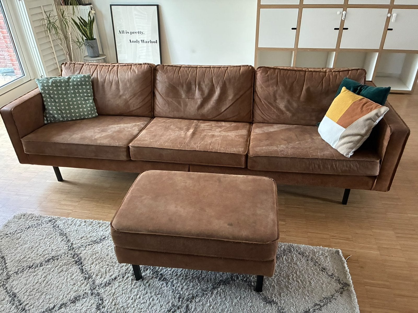 Rodeo 3-zitsbank, fauteuil en hocker in cognac, Huis en Inrichting, Ophalen, Gebruikt, Driepersoons, 75 tot 100 cm
