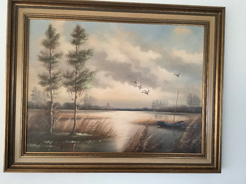 Schilderij H.Hermans, Ophalen, Maritiem / water, Doek, Ingelijst