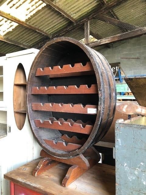Oud houten wijnvat Wijnrek, rond - Brocante & Curiosa, Huis en Inrichting, Woonaccessoires | Wijnrekken, Gebruikt, 15 tot 25 flessen
