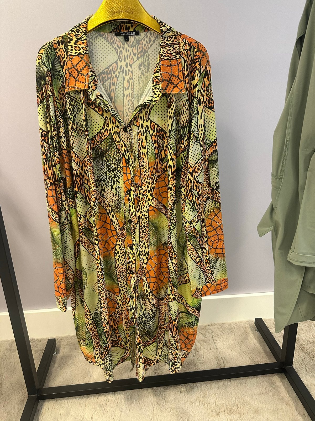 Twister travelstof blouse oranje/lime dessin, maat 48/50, Ophalen of Verzenden, Zo goed als nieuw, Maat 46/48 (XL) of groter, Oranje