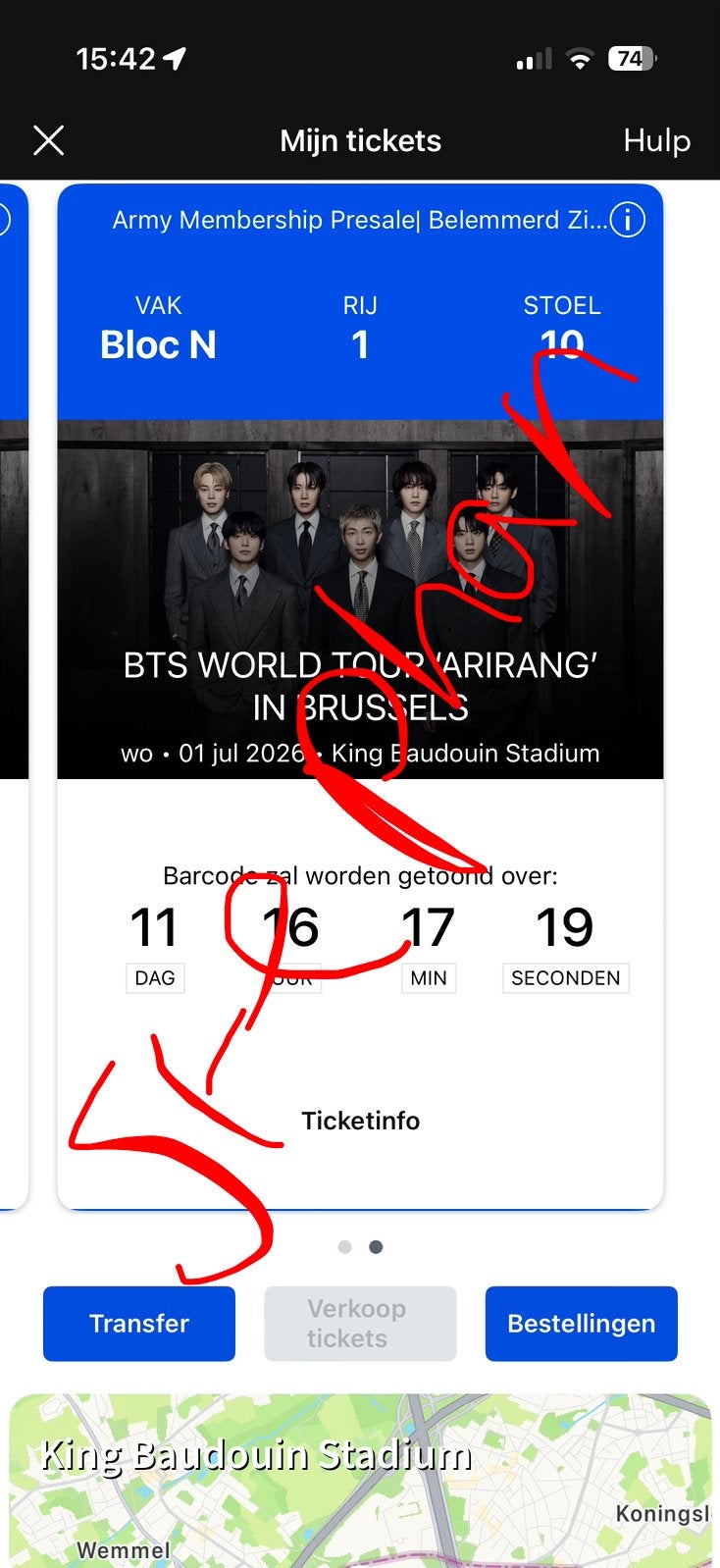 BTS 1 juli Brussel 1x zitplaats 4N rij 1 stoel 10, Eén persoon, Juli
