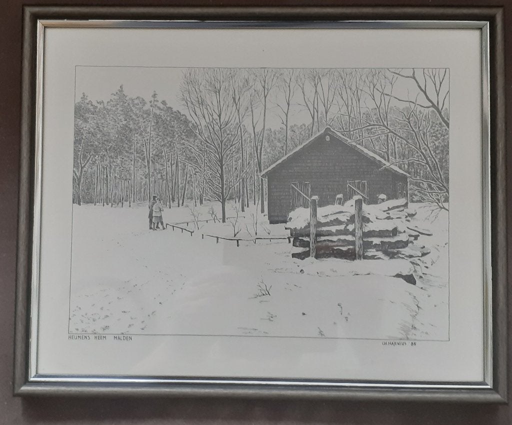 Tekening Ets Gravure Heemtuin Malden, Ophalen of Verzenden, Tekening, Ingelijst