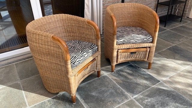 Set van 2 rotan fauteuils met zebraprint kussens, Ophalen, Gebruikt, Twee, Bruin