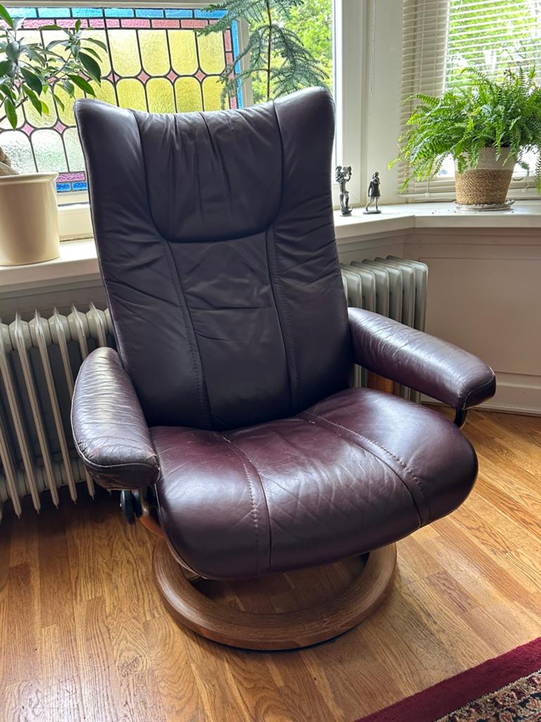 Leren draaifeuteuil met ligstand, bruin, Ophalen, Gebruikt, 75 tot 100 cm, Leer