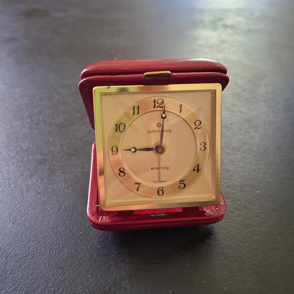 Vintage Junghans Silentic Reiswekker - Echt Leer, Duitsland, Ophalen of Verzenden