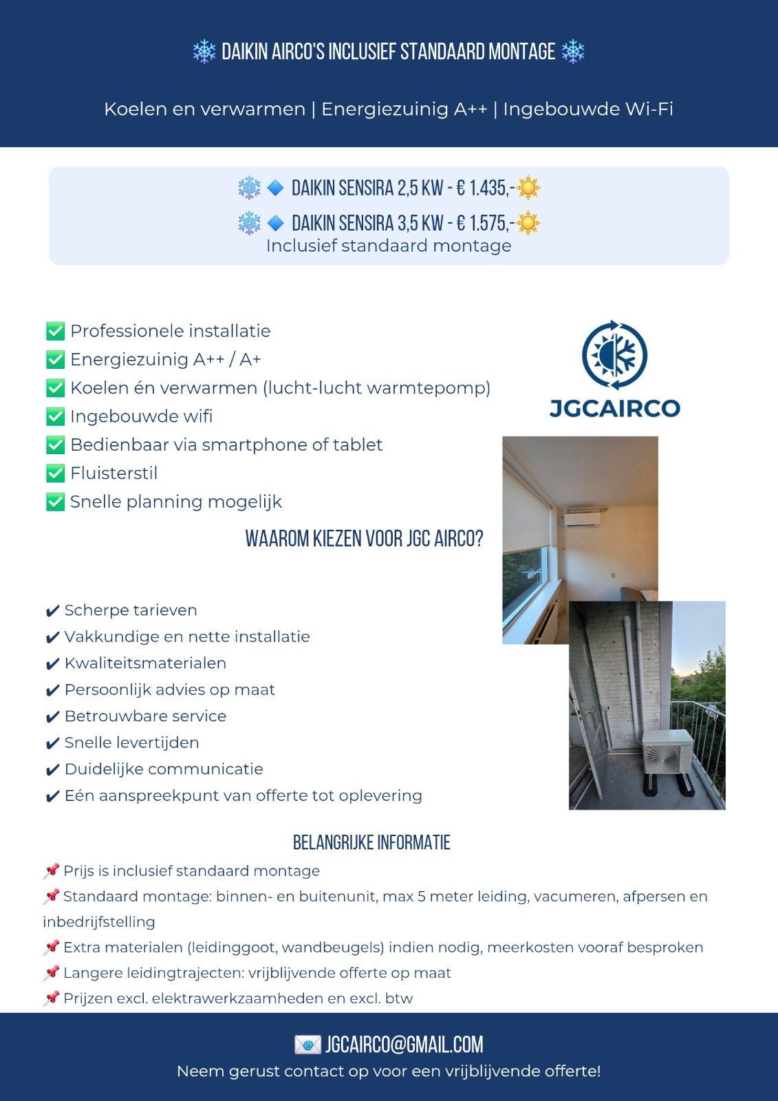 Daikin Sensira Airco's inclusief standaard montage, Koelen en Ontvochtigen, Minder dan 60 m³, Energieklasse A of zuiniger, Nieuw