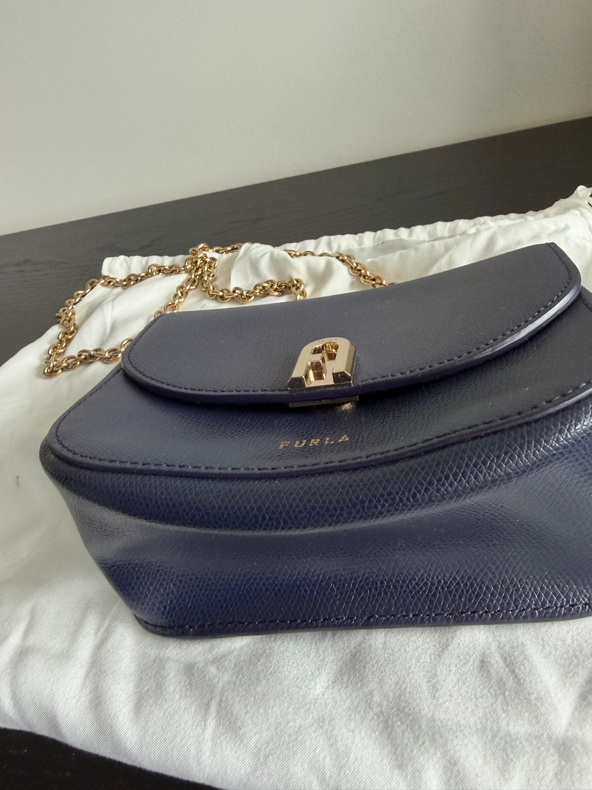 Furla1927 nachtblauw NIEUW met goudkleurige ketting, Ophalen, Nieuw, Blauw, Schoudertasje