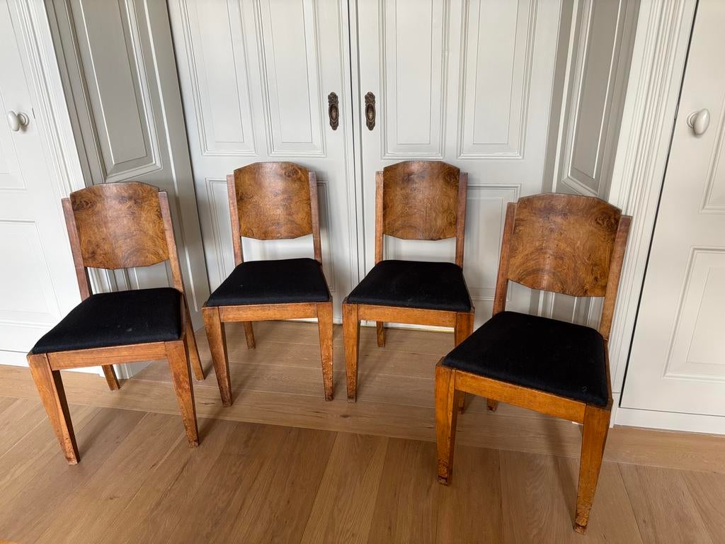 4 vintage retro stoelen massief eiken hout en wortelfineer, Ophalen, Gebruikt, Bruin, Vier