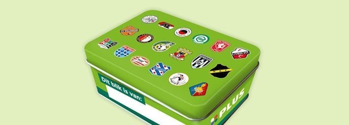 Leeg Eredivisie bewaarblikje Plus, Verzamelen, Supermarktacties, Plus, Ophalen of Verzenden