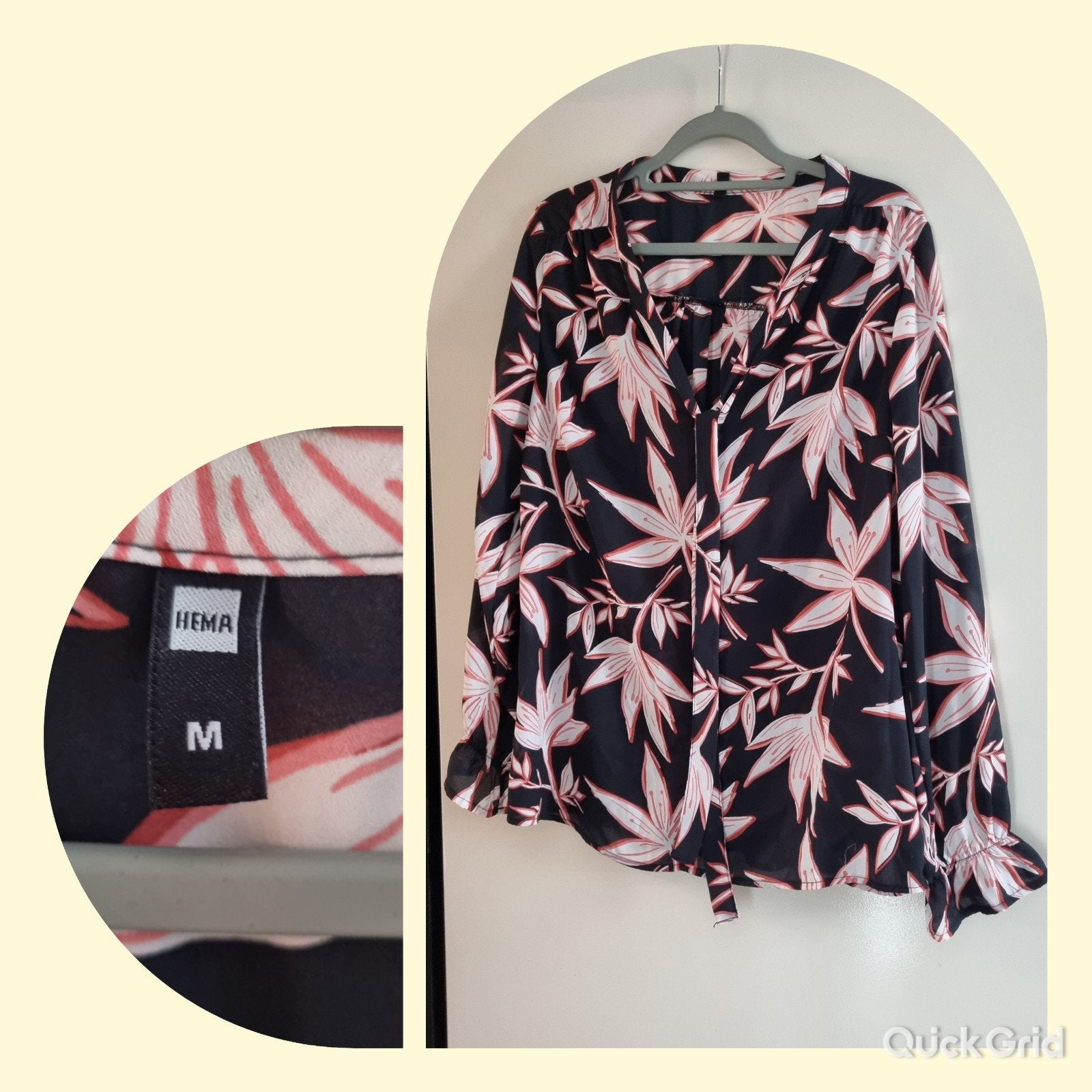 Hema zwarte blouse met roze bladeren, maat M, Kleding | Dames, Ophalen of Verzenden