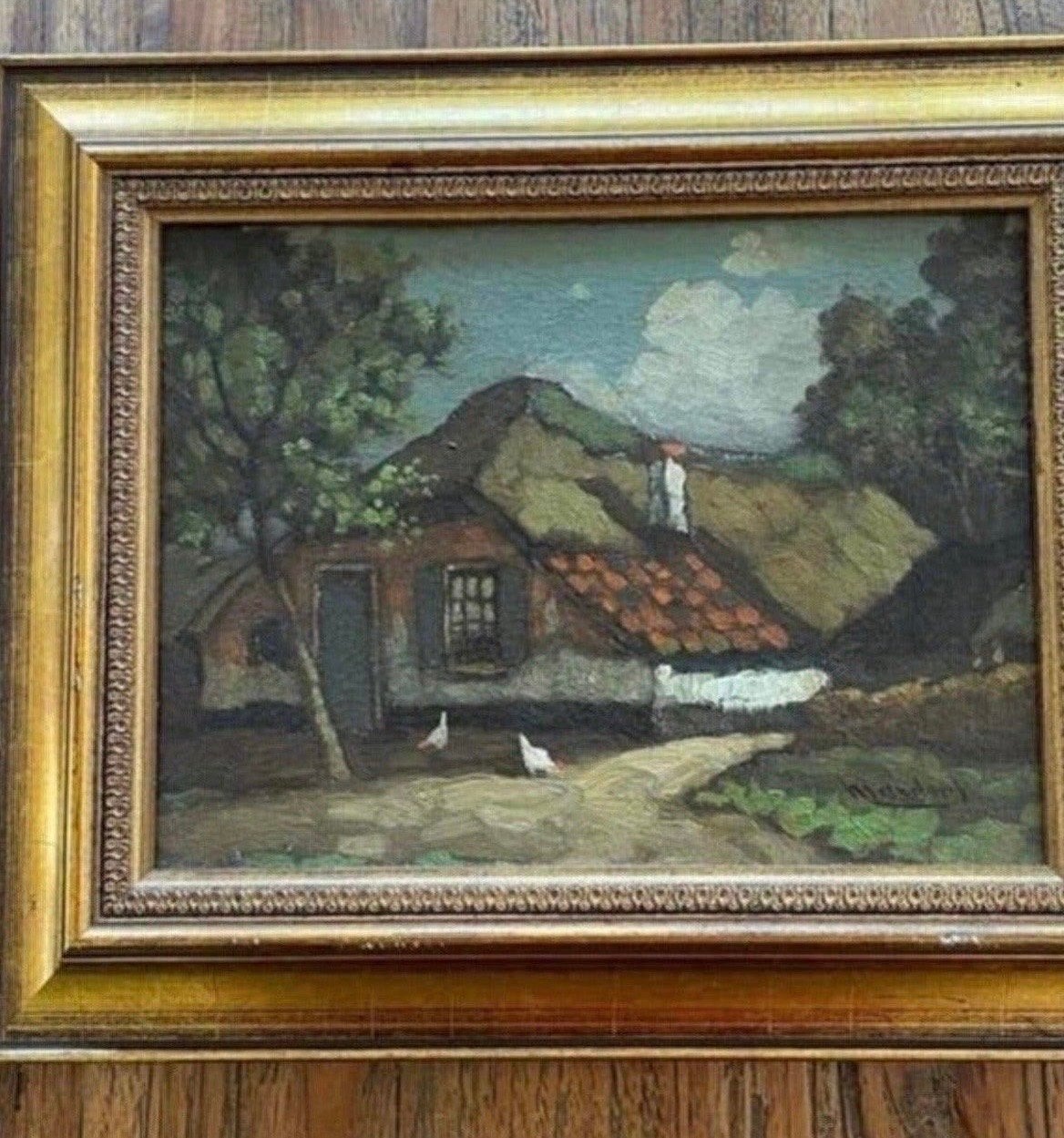 Oud Hollands Landschap met Boerderij en Kippen, Doek, Oud hollands, Ophalen of Verzenden, Landschap