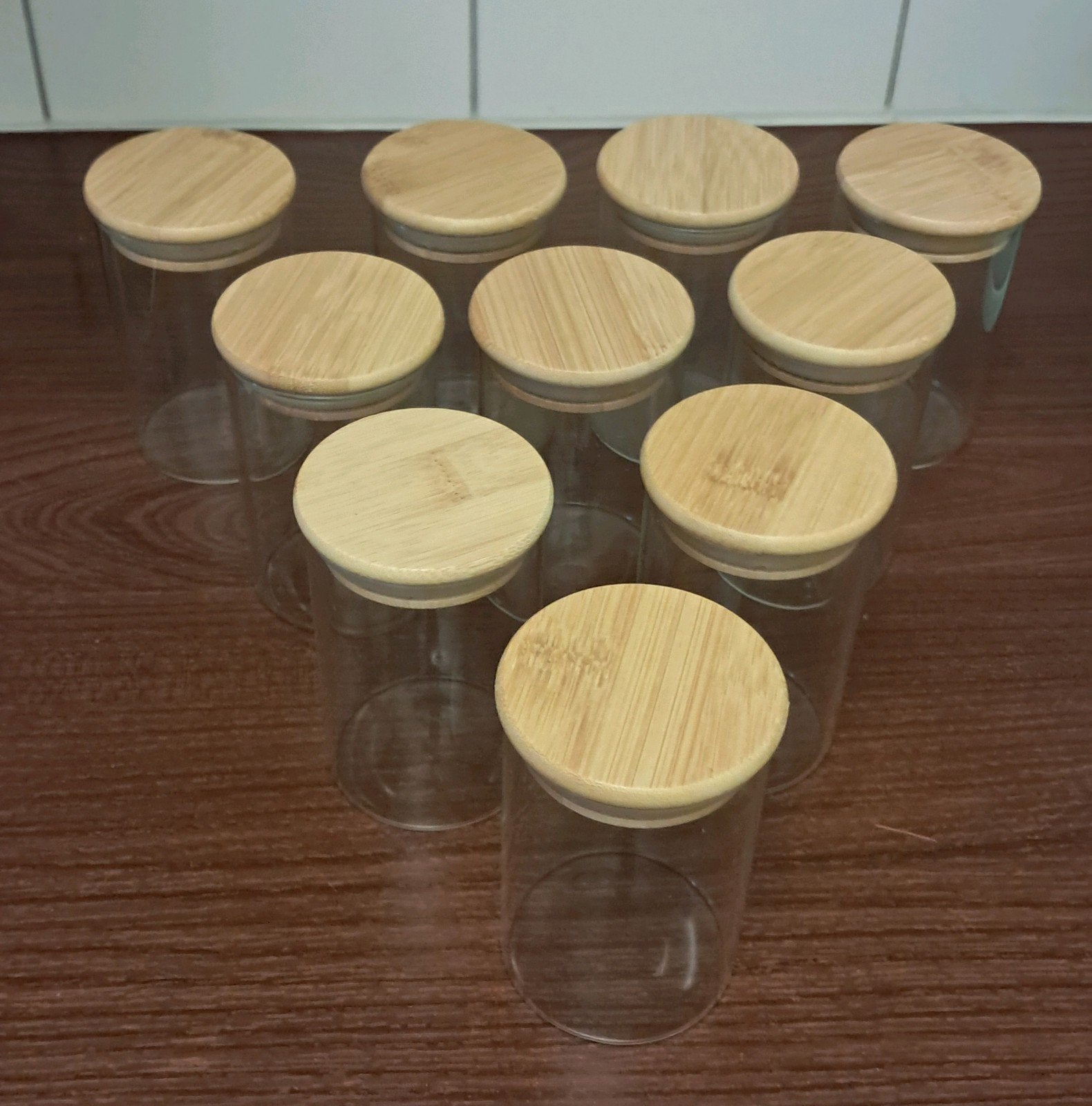 Set van 10 glazen voorraadpotjes met bamboe deksel, Huis en Inrichting, Glas, Ophalen of Verzenden, Zo goed als nieuw, Voorraadpot