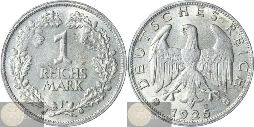 Duitsland - Weimar Republiek 1 Reichsmark 1925 F, Ophalen of Verzenden, Duitsland, Losse munt, Zilver