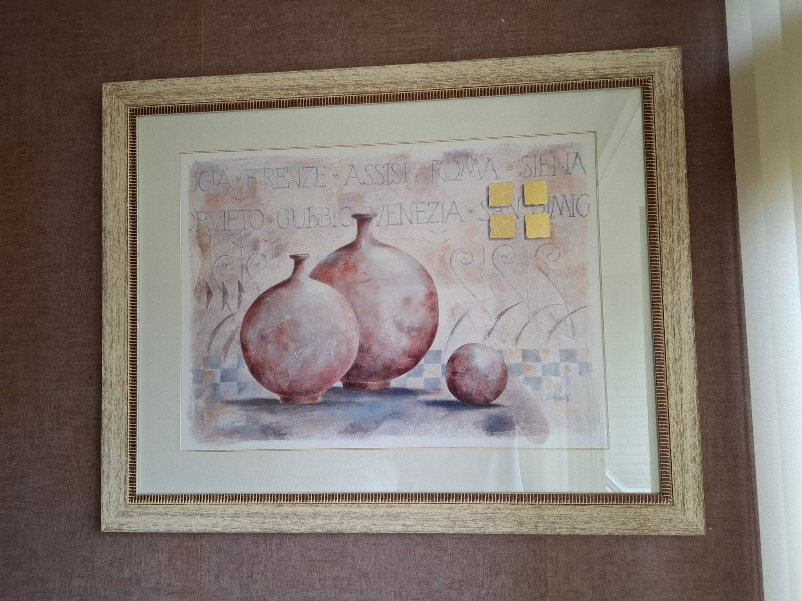 Ingelijste print met Italiaanse steden en vazen, Antiek en Kunst, Ophalen
