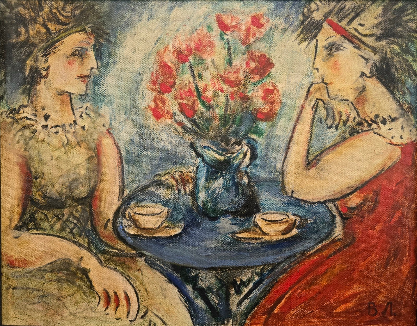 EXPRESSIONISTISCH SCHILDERIJ "DAMES AAN KOFFIETAFEL" - kunst, Antiek en Kunst, Kunst | Schilderijen | Modern, Ophalen of Verzenden