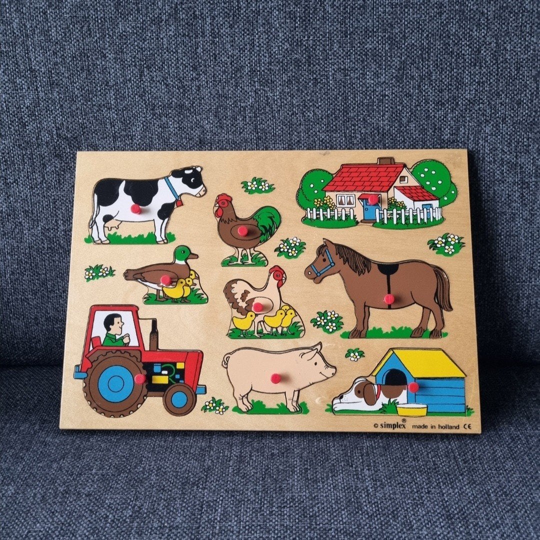 Inlegpuzzel boerderij puzzel houten noppenpuzzel, Ophalen of Verzenden, 10 tot 50 stukjes