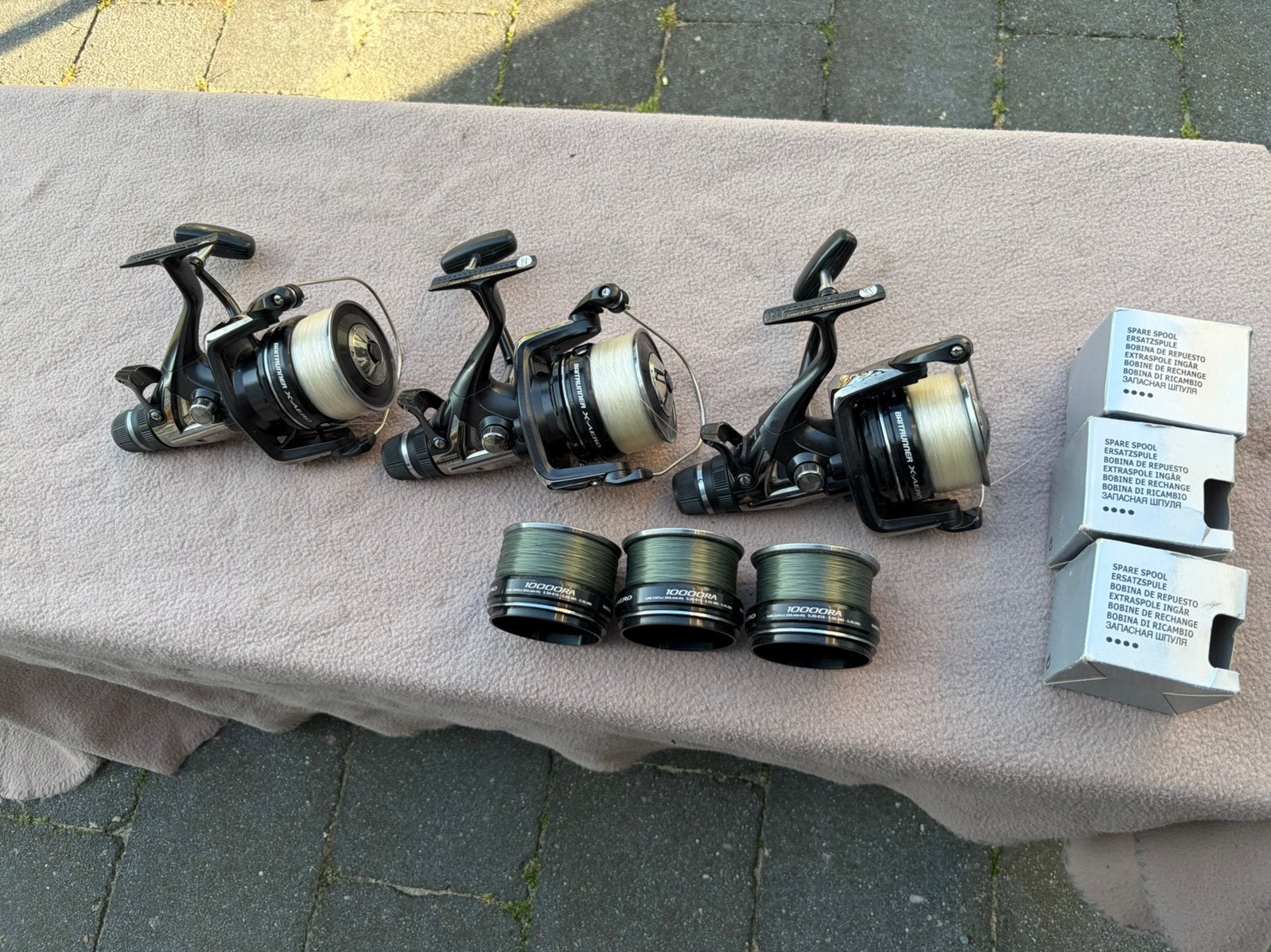3 x shimano x-aero 10000ra baitrunner molens + 3 x spoel, Watersport en Boten, Hengelsport | Karpervissen, Ophalen of Verzenden