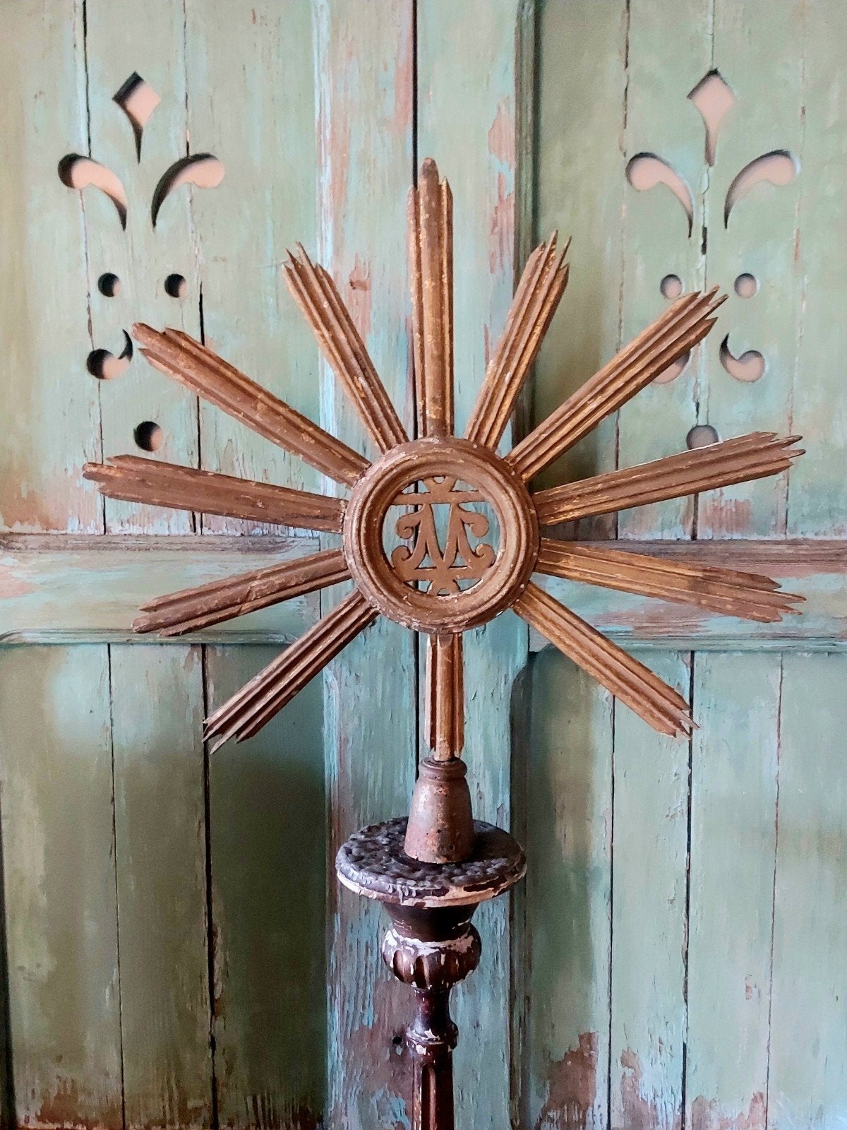 Antieke 18th C Barok Vergulde Zon Monstrans,Hout,processie, Ophalen of Verzenden