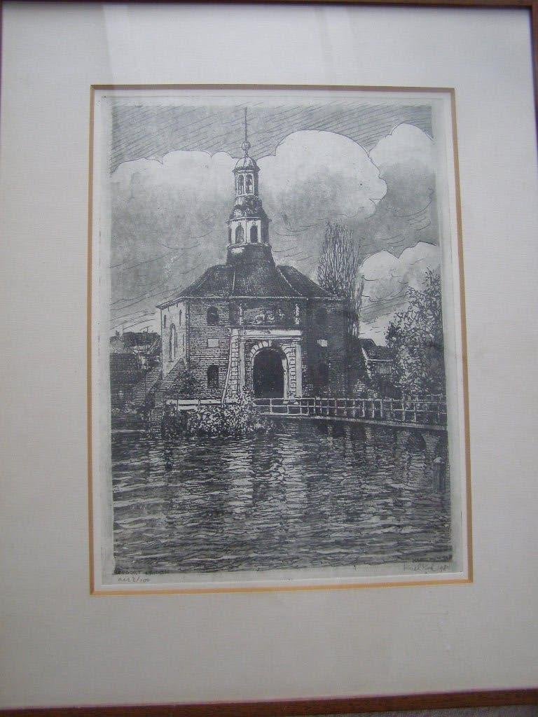 ets Zijlpoort te Leiden, Karel Kok, gesigneerd en ingelijst, Stadsgezicht, 29 cm, 22 cm, Ophalen of Verzenden