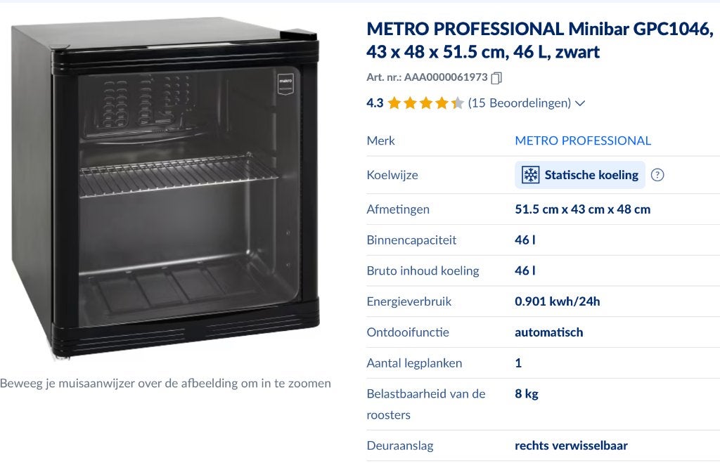 Metro Professioneel Dranken kastje met glas deur, Ophalen, Minder dan 75 liter, Zonder vriesvak, Gebruikt
