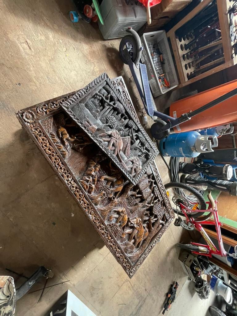 Indische Houtsnijwerk Salontafel, Ophalen, Gebruikt, 100 tot 150 cm, Indische Houtsnijwerk