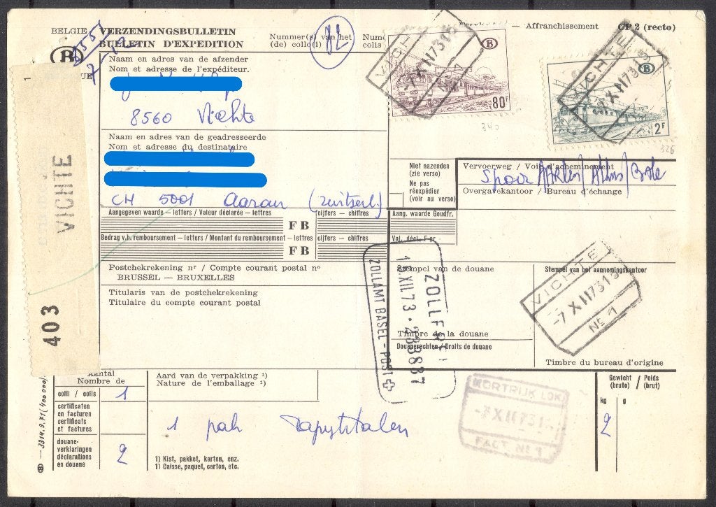België - treinpostzegels op verzendingsbulletin, Verzenden, Overige typen