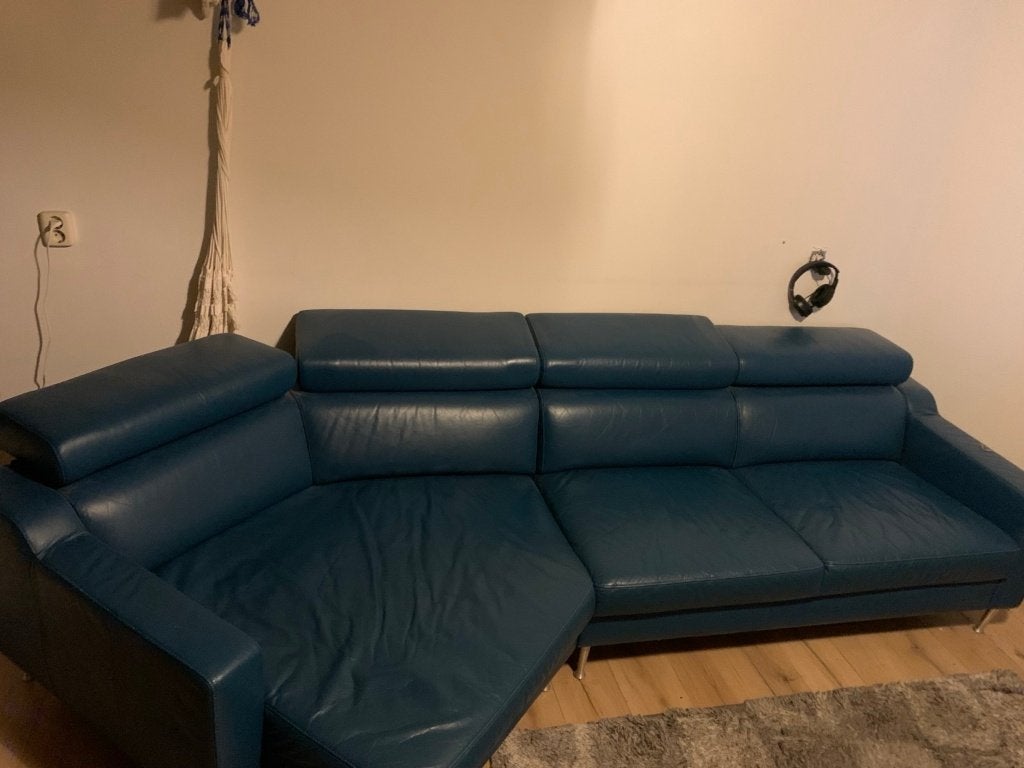 Petrolkleurige leren bank met chaise longue, Ophalen, Gebruikt, ., Leer