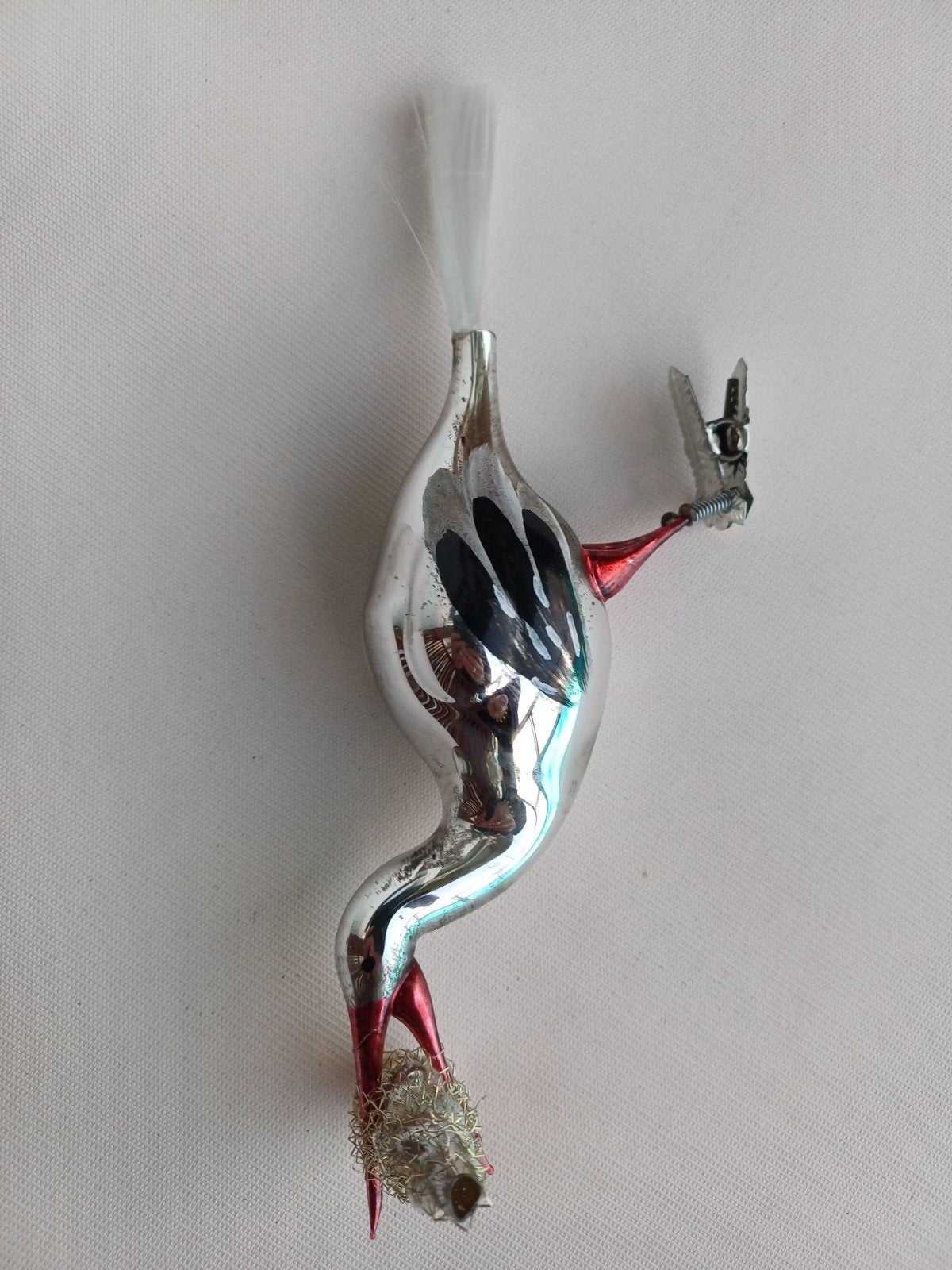 Vintage kerstbal van glas ooievaar baby in bek, Ophalen of Verzenden