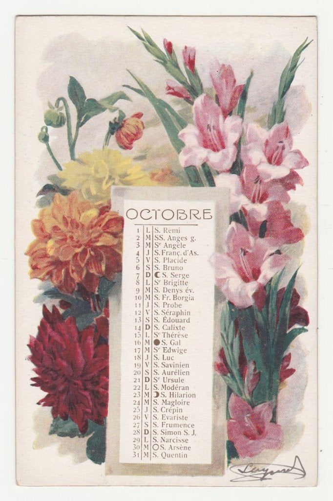 De maand Oktober.  Bloemen Kalender.  Illustrateurs., Verzenden, Voor 1920, Ongelopen, Overige thema's
