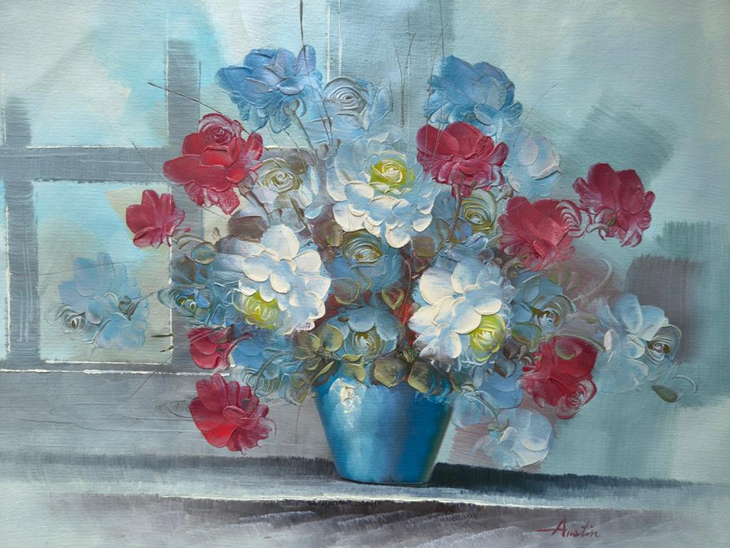 Bloemen olieverf schilderij op doek - 50x60cm, Antiek en Kunst, Kunst | Schilderijen | Modern, Ophalen of Verzenden