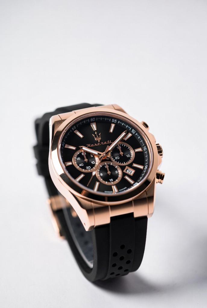 Maserati Herenhorloge Roségoud Zwart Rubberen Band, Ophalen of Verzenden, Nieuw, Zwart