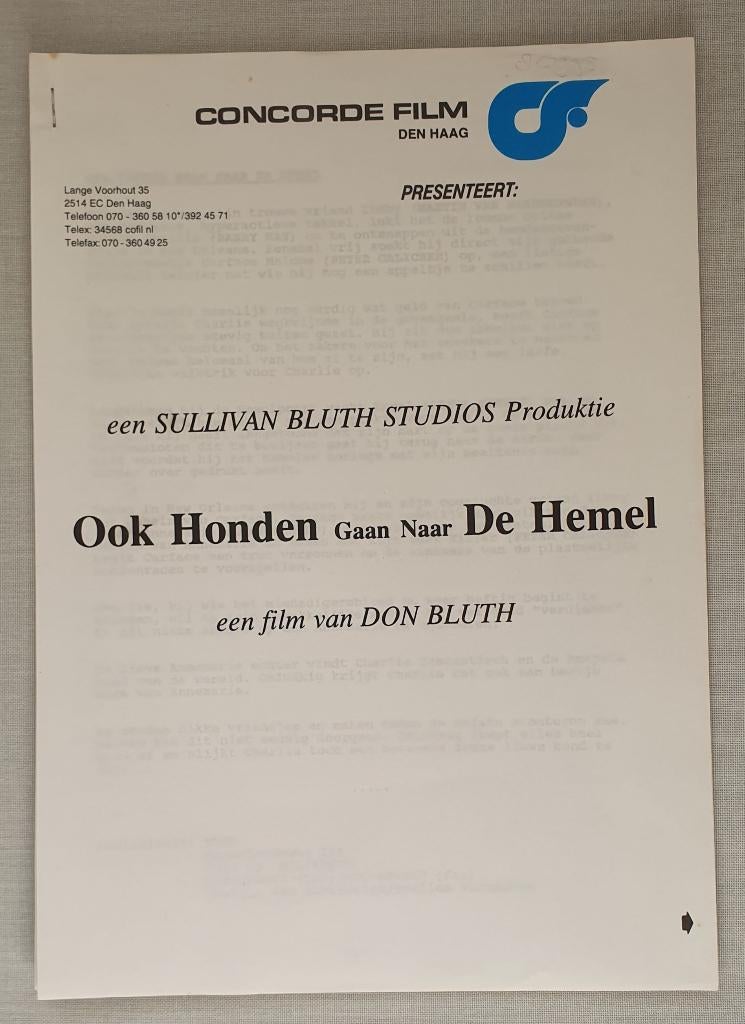 Synopsis Ook Honden gaan naar de Hemel (1989), Ophalen of Verzenden, Zo goed als nieuw