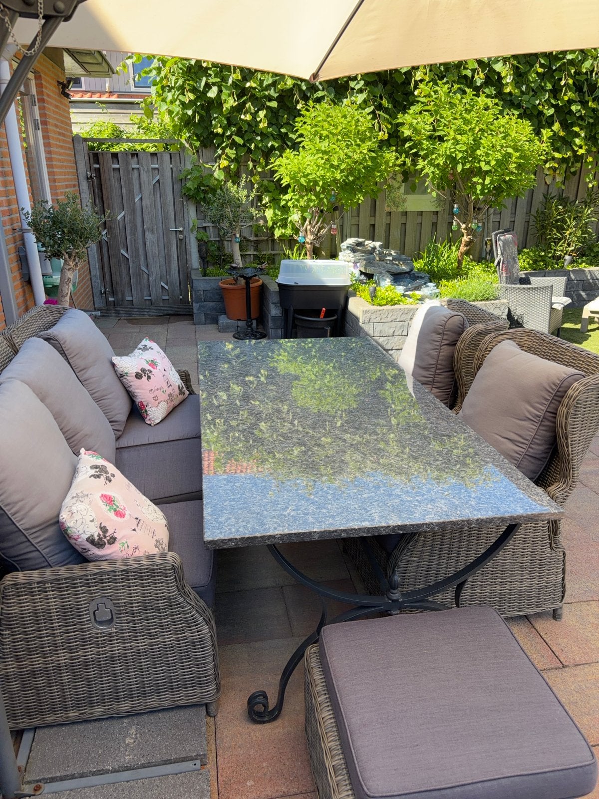 Luxe Wicker Tuinset met Granieten Tafelblad, Tuin en Terras, Ophalen, Gebruikt, Wicker