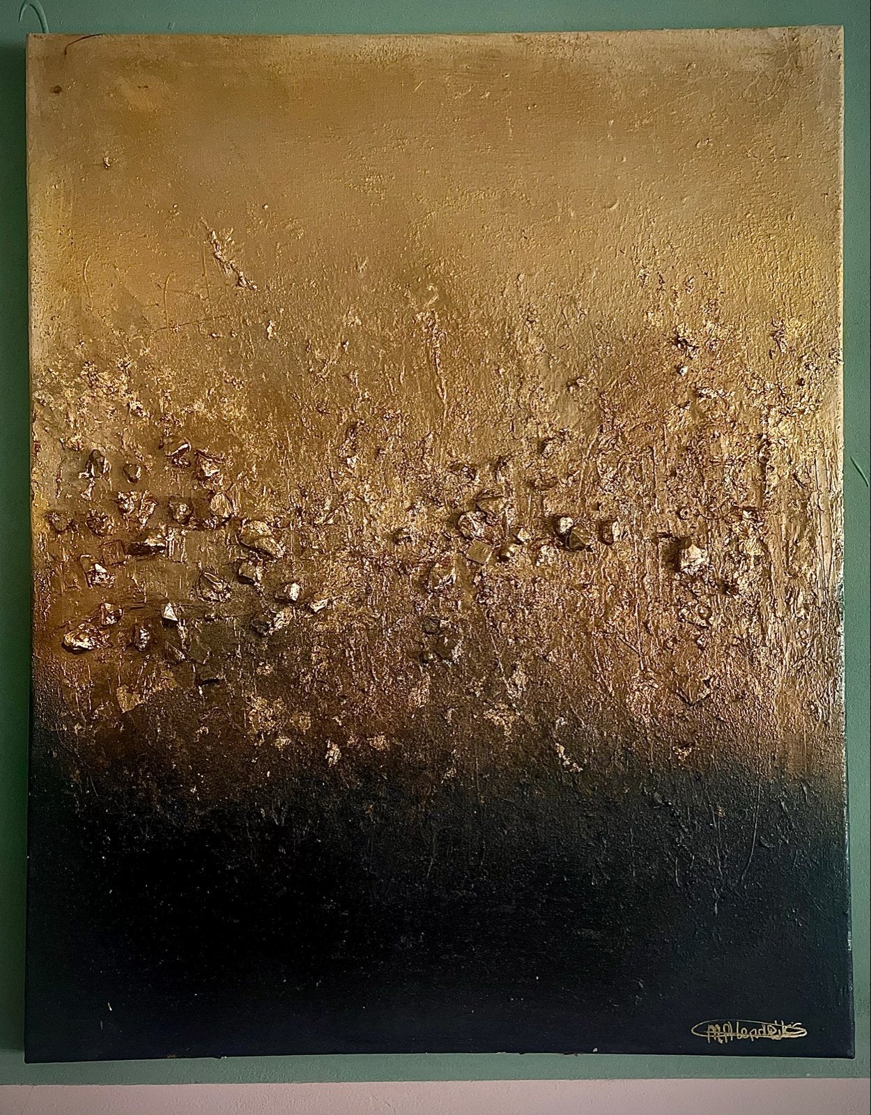 Abstract Schilderij Goud Zwart met Textuur en Stenen, Abstract, 3D-effect, Ophalen of Verzenden, Gemengde techniek
