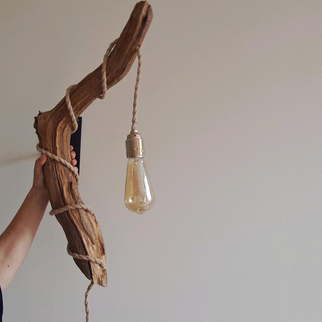 Houten boomlamp boomstronk met linnen snoer nieuw, Ophalen of Verzenden, Nieuw