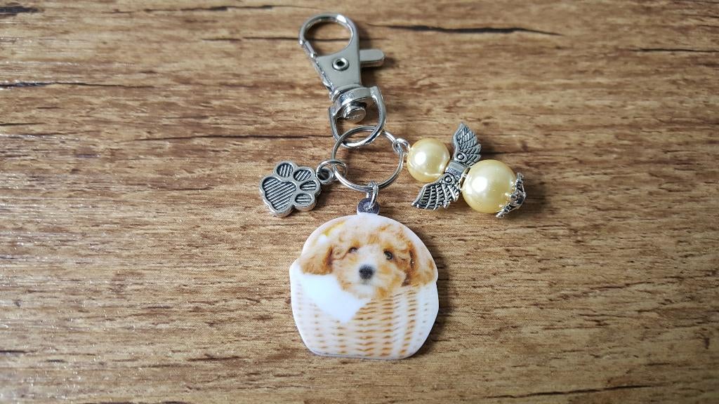 Tas/Sleutelhanger Goldendoodle in mand met beschermengeltje, Verzenden, Nieuw
