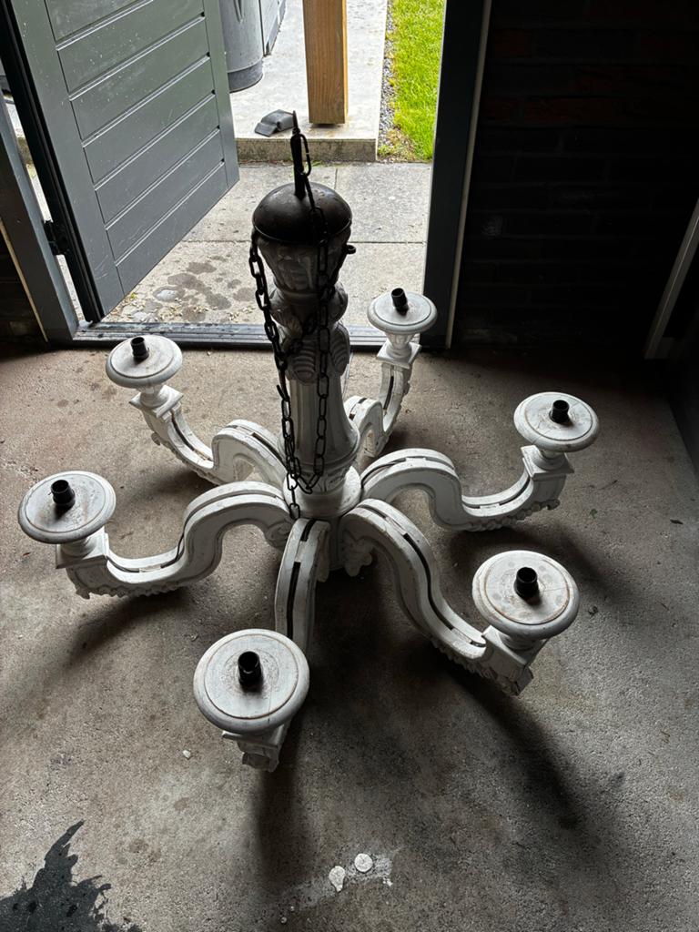 Antieke houten kroonluchter met 6 armen, Ophalen, Gebruikt, Hout