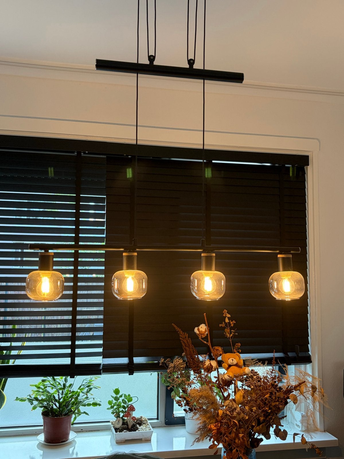 Moderne hanglamp met 4 glazen kappen - Zwart/Smoke, Ophalen, Zo goed als nieuw, Glas, E27 (groot)