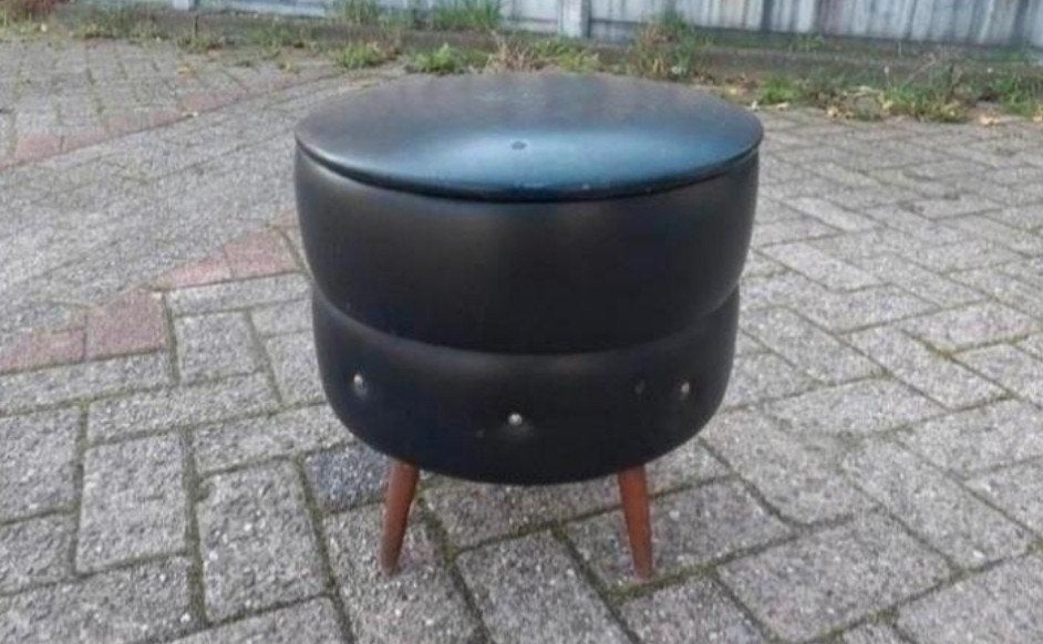 Vintage poef naaidoos opbergdoos meubelstuk, Minder dan 50 cm, Gebruikt, Rond, Minder dan 50 cm