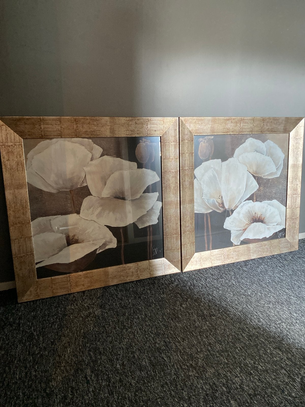 Set van 2 schilderijen met witte bloemen in goudkleurige lij, Ophalen, 50 – 75, Zo goed als nieuw, Schilderij