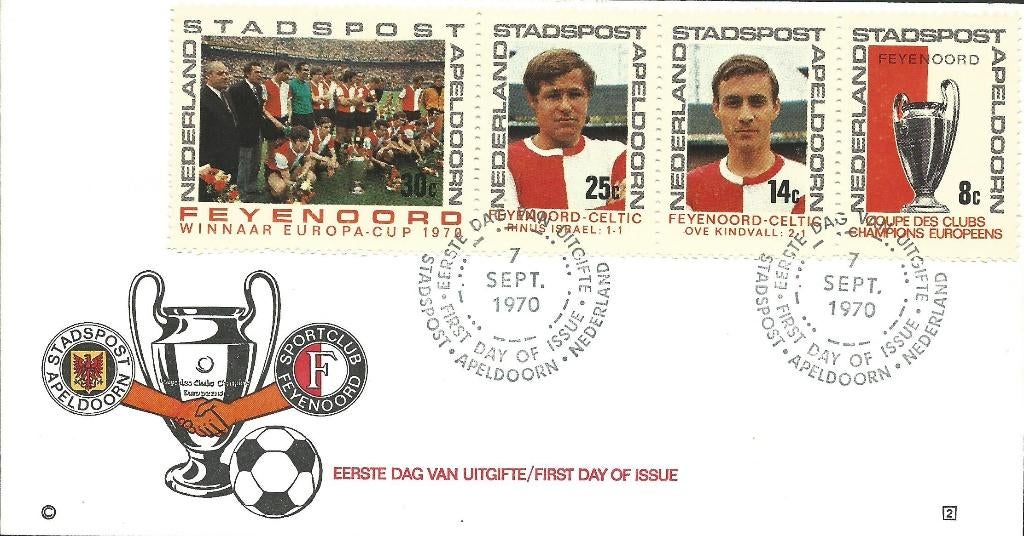 1970 postzegels Stadspost Apeldoorn Feyenoord 2x, Verzamelen, Verzenden, Zo goed als nieuw, Feyenoord, Overige typen