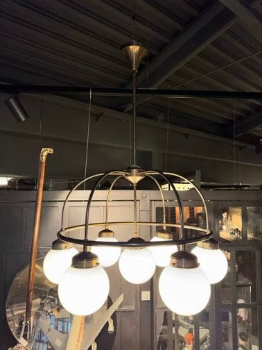 Art Deco ring kroonluchter van messing met glazen bollen, Huis en Inrichting, Lampen | Kroonluchters, Zo goed als nieuw, Ophalen of Verzenden