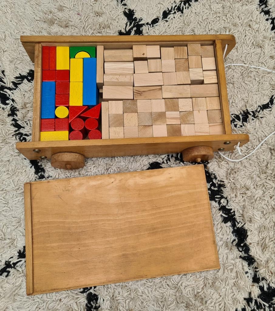 Houten Blokkenwagen met 100+ Blokken - Vintage Loopwagen, Kinderen en Baby's, Speelgoed | Houten speelgoed, Ophalen, Zo goed als nieuw